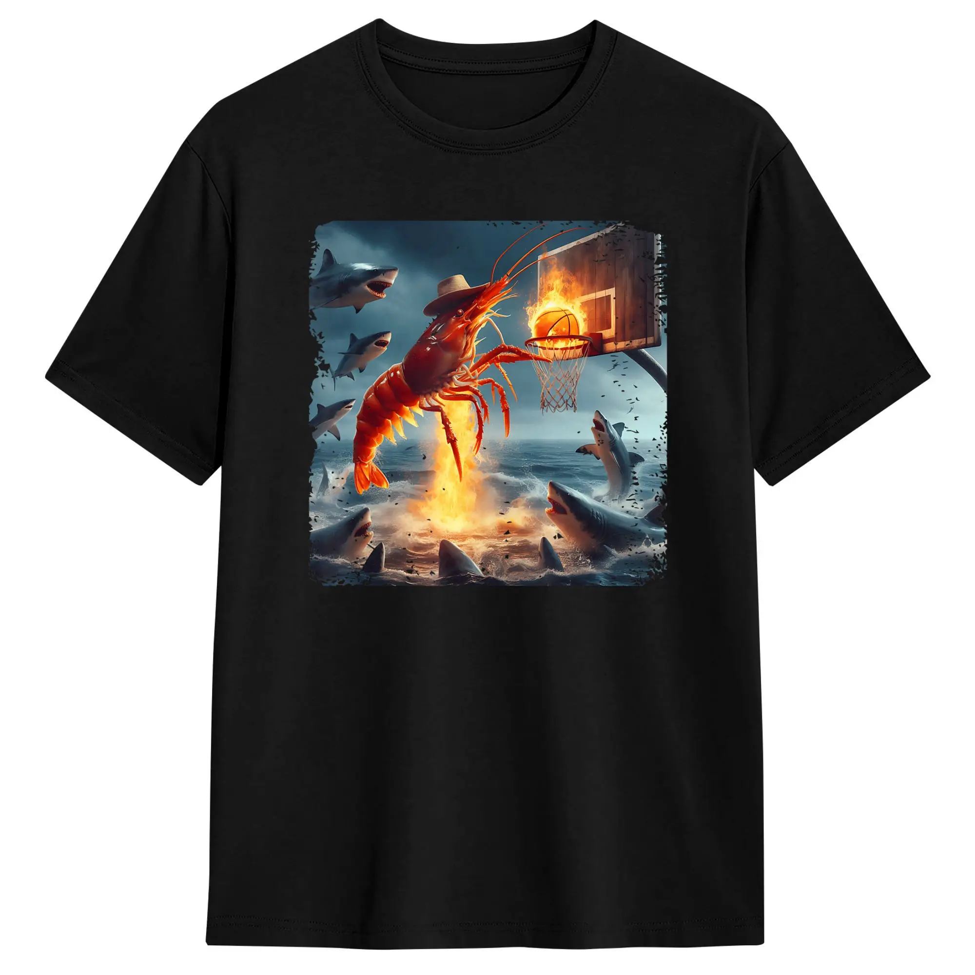 Men Shrimp Dunking on Shark T Shirts Funny Fishing Meme Basketball Cotton Tees Beach Funny Short-Sleeved T-Shirt Crewneck Tshirt