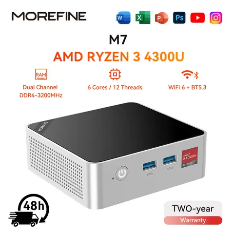 MOREFINE Mini PC M7 AMD Ryzen R3-4300U WIN11PRO Desktop Computer Dual Channel DDR5 RAM M.2 PCIE4.0 SSD WiFi6 BT5.3 Laptop Game
