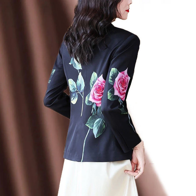 Spring Summer Elegant Fashion Print Blazers Lady Temperament All-match Loose Casual Suit Top Women Female One Button Coat Jacket