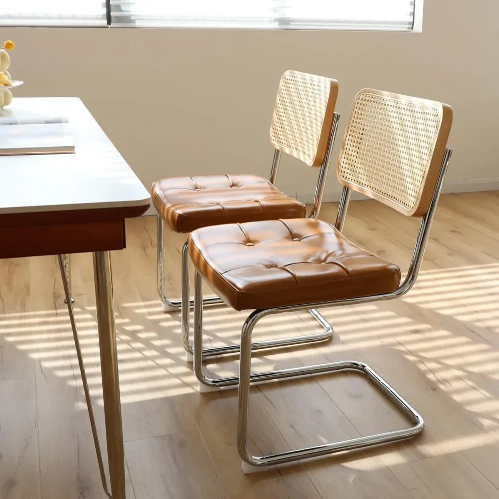 Juego de sillas de comedor de piel sintética y ratán con patas cromadas, diseño moderno de mediados de siglo, L