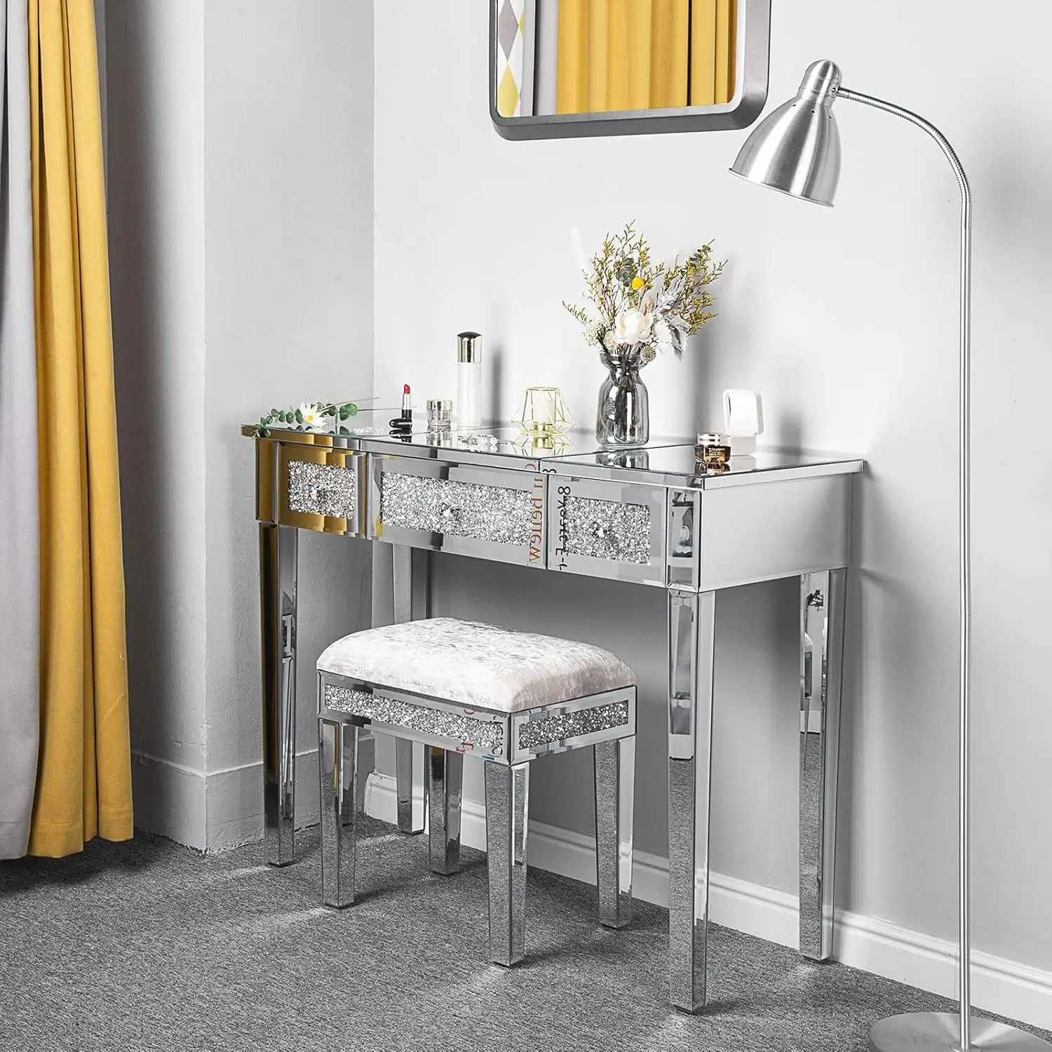 

Mirrored Vanity Stool with Storage, Upholstered Velvet Ottoman, Makeup Dressing Table Bench with Sparking Diamonds