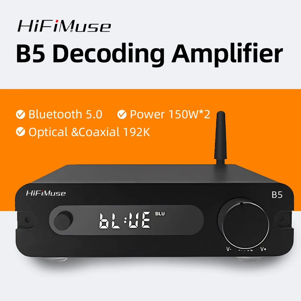 HiFiMuse B5 Decoding Amplifier, Bluetooth 5.0, 150W*2 Power, Optical & Coaxial 192K, Music Details Stereo Decoder with DAC