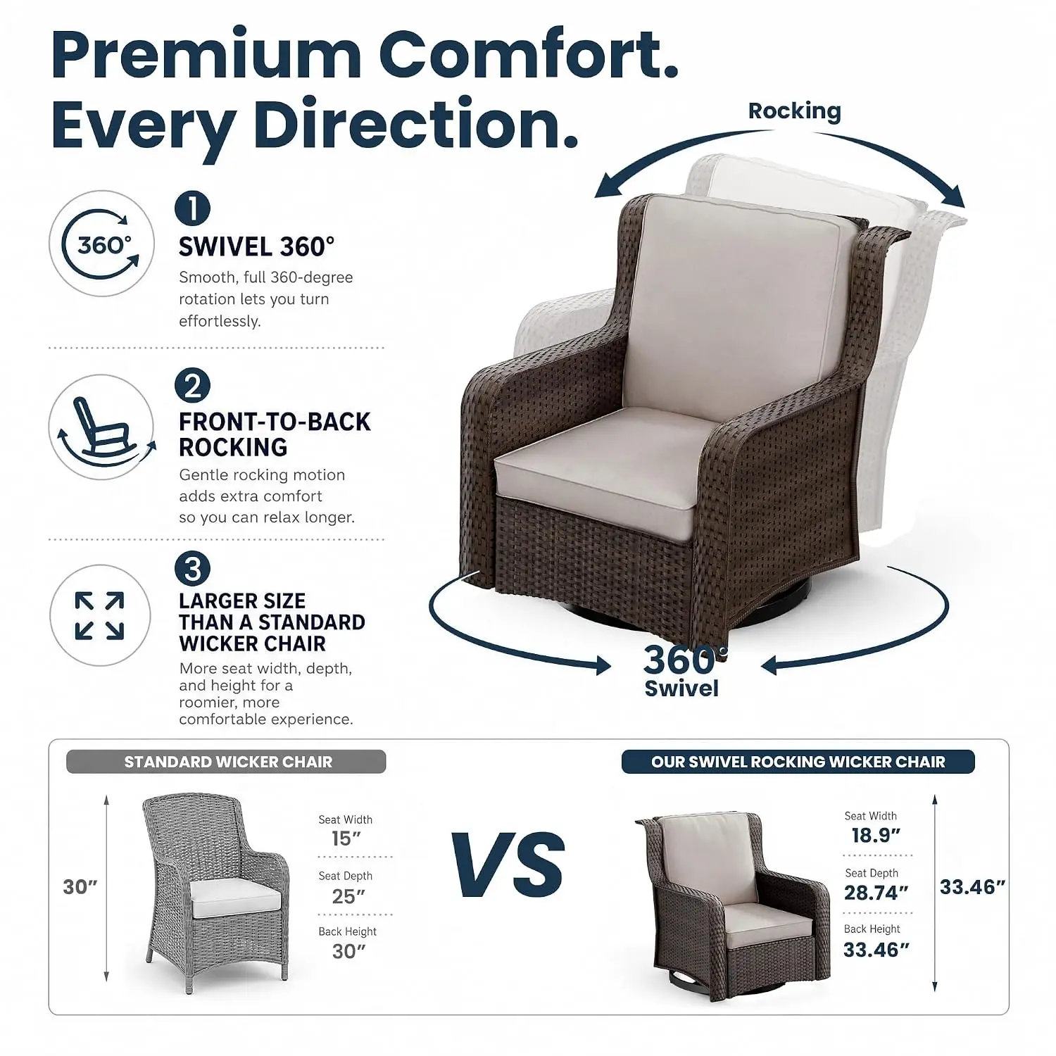 PE Wicker Rattan Outdoor Swivel Rocking Chair 2-Piece Patio Set with Soft Cushions for Porch Lawn Balcony, Customized