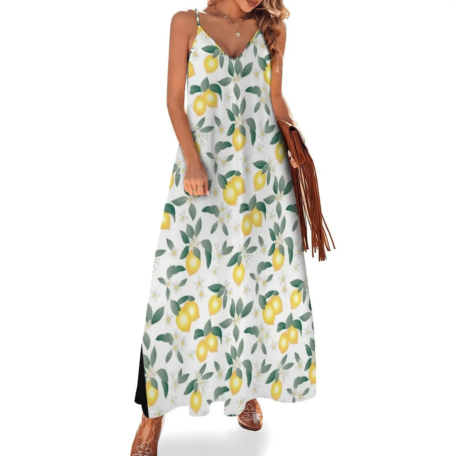 

Lemons on White Sleeveless Long Dress evening dress ladies Dress for pregnant women