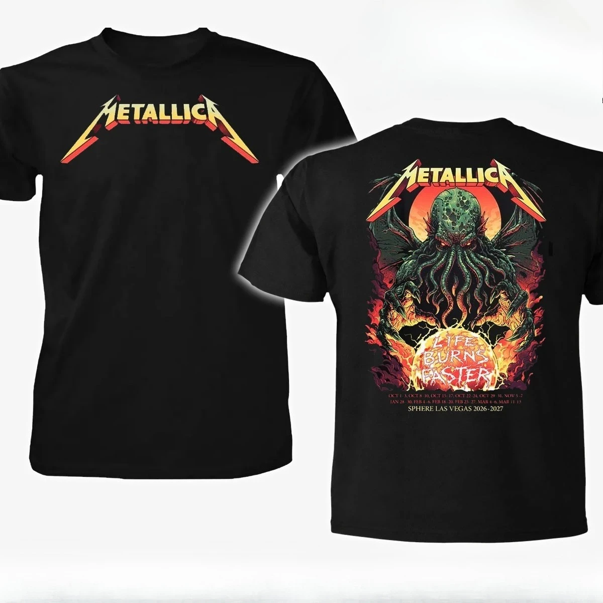 Metallica Las Vegas Sphere Tour 2026-2027 Double Sided T Shirt Life Burns Faster Cthulhu Graphic Unisex Rock Band Short Sleeve