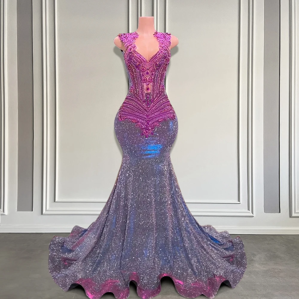 

Luxurious Purple Bead Crystal Long Prom Dresses Black Girl 2025 Sleeveless Rhinestone Women Birthday Party Gown Customized