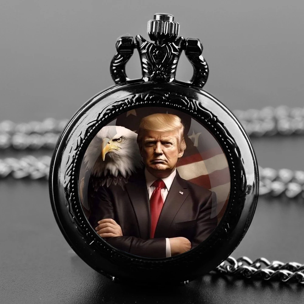 Trump Victory 2024 Design Glass Dome Quartz Pocket Watch with Durable Chain Arabic Numeral Dial for Men and Women Creative Gifts