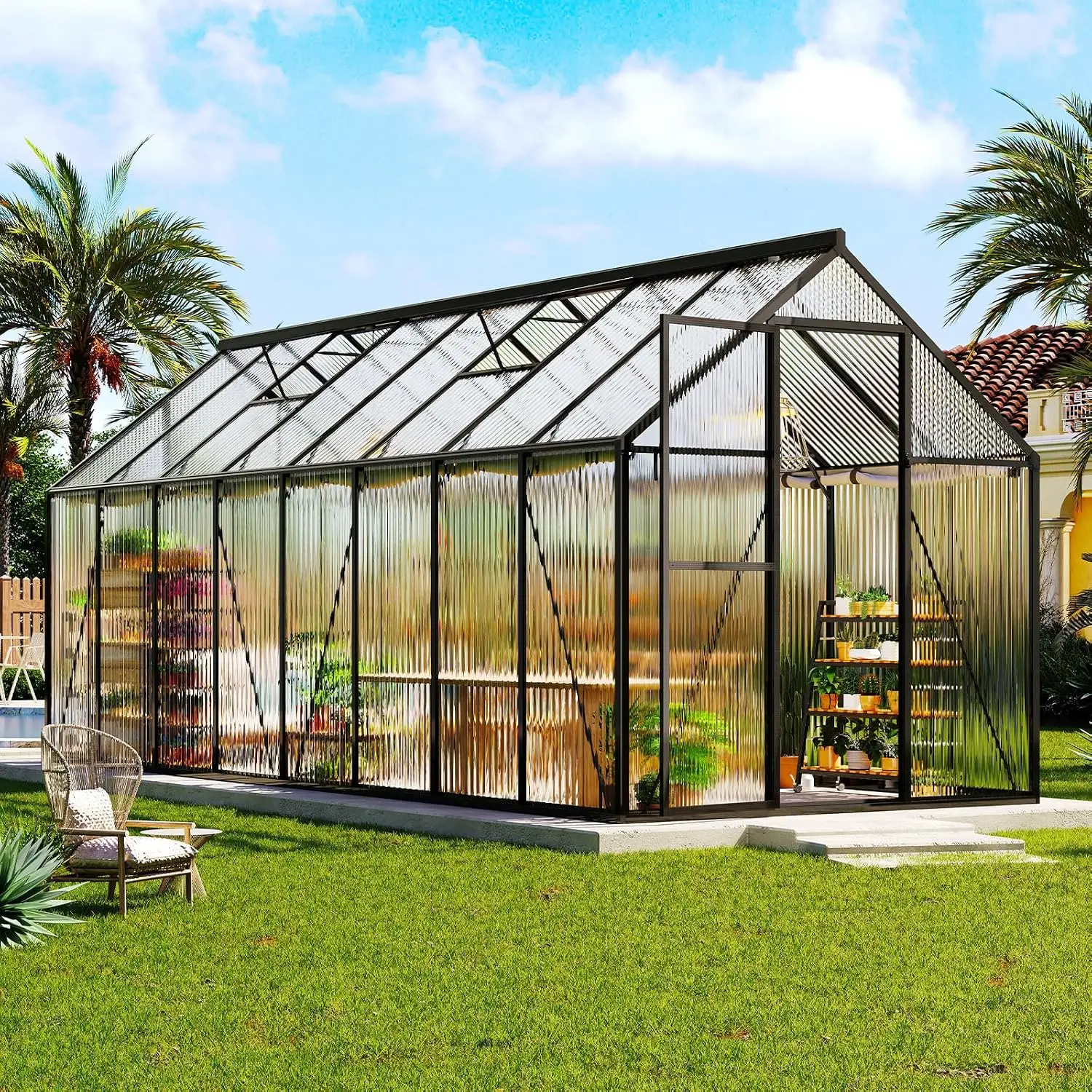 6x16 FT Polycarbonate Greenhouse | Walk-In Design: Aluminum frame with 2 ventilation windows and a swing door for, Customized