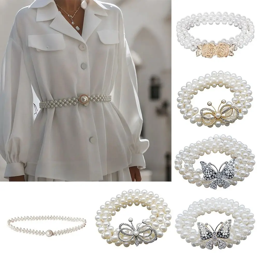 

Ремень с жемчугом и стразами, бабочкой и жемчугом, роскошный высококачественный тканый пояс, элегантный универсальный корсет с пряжкой, поясной ремень