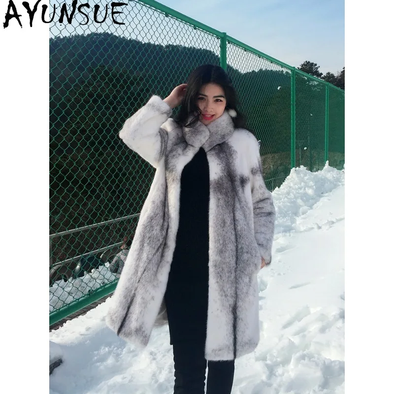AYUNSUE 밍크 퍼 코트 여성 중간 길이 겨울 코트 여성용 고품질 우아한 패션 의류 여성용 겨울 자스 다메스