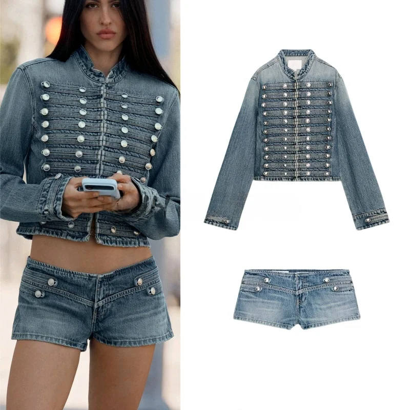 

Low Waist Casual Denim Jacket with Metal Hook round Neck Long Sleeve 0695074 And Short Pants 0695003 Fashion Set for Women