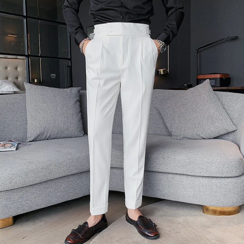 

High-end Men's Naples Suit Pants Spring Autumn Cropped Straight Leg Pants Male Slim Fit Business Casual High Waist Trouser