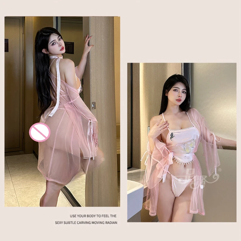 Tranparent Hanfu uniforme Lingerie accappatoio ricamo antico Hanfu pancia tasca corte marea nazionale Cheongsam Night Clubwear