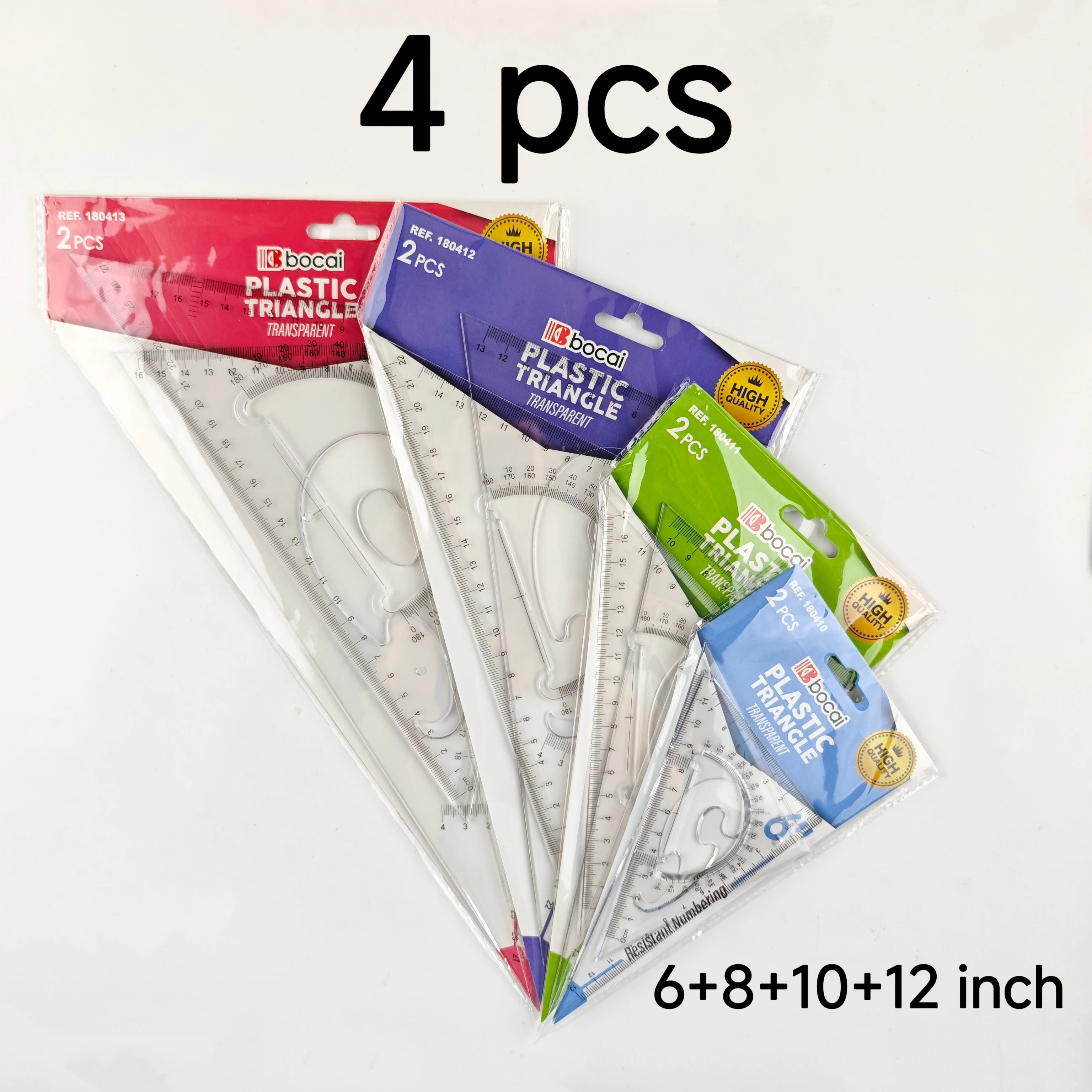 2-delige driehoekige liniaalset, transparante plastic geodriehoek, 6-12 inch, schoolbenodigdheden voor wiskunde en meetkunde.