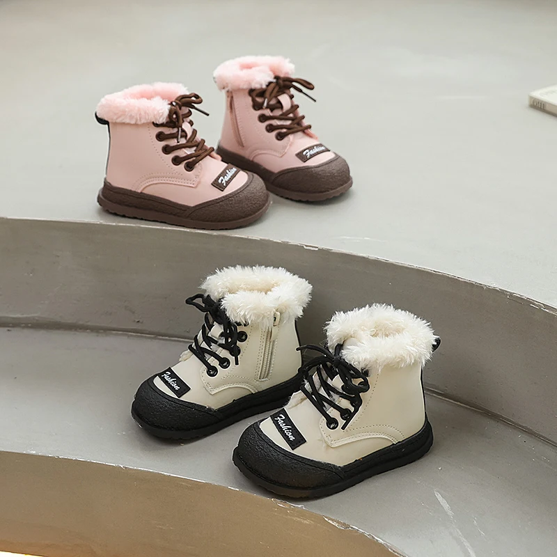 

Зимние плюшевые сапоги для девочек, теплые детские модные ботильоны с меховой волосатой, уличные лоскутные универсальные детские хлопковые сапоги с боковой молнией