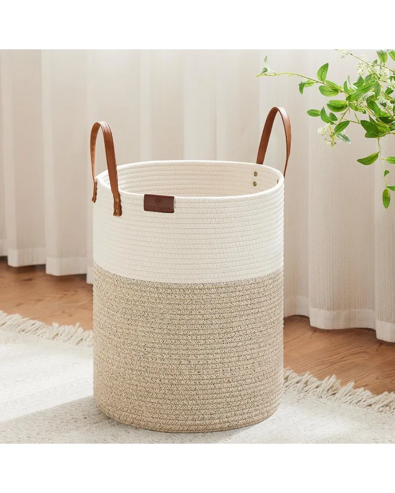 

Tall Laundry Basket, Large Dirty Clothes Hamper with Leather Handle, Woven Rope Storage Basket for Blanket