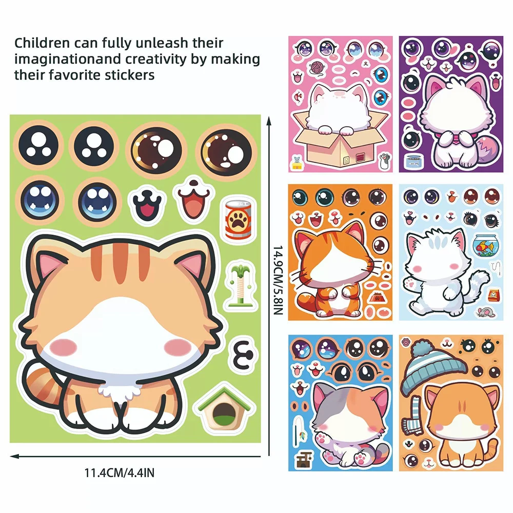

8/16sheets Kawaii Cat Animal Puzzle Stickers Cartoon Kitten Make a Face Decoration Decals DIY Assemble Jigsaw Toy Party Supplies