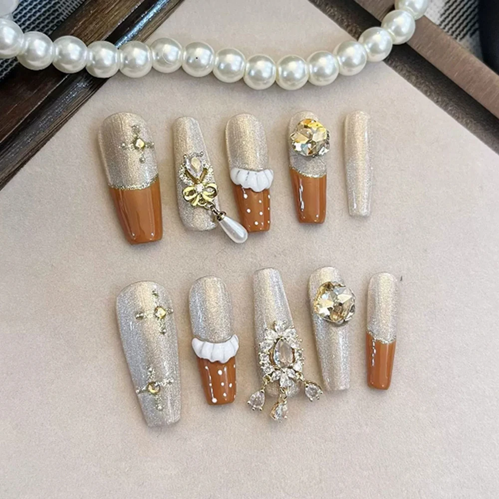 10 stuks roze zachte elegante lange doodskist handgemaakte volledige dekking nep nagel 3D boog strass vlinder slang herbruikbare druk op nagels