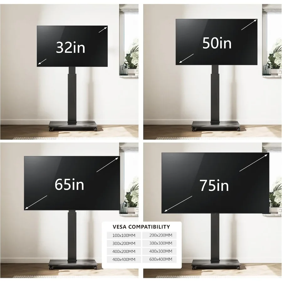 عربة تلفزيون متنقلة محمولة على عجلات لأجهزة التلفاز مقاس 32 إلى 65 70 75 بوصة في المناظر الطبيعية وتوجيه الصورة مع 40 لضبط ارتفاع دوار