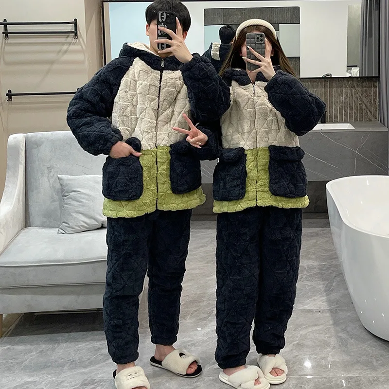 

Cotton-Padded Coral Fleece Sleepwear Winter Thickened Flannel Hoodede Pijamas Suit Couple Pajamas Set Loose Casual Home Clothes