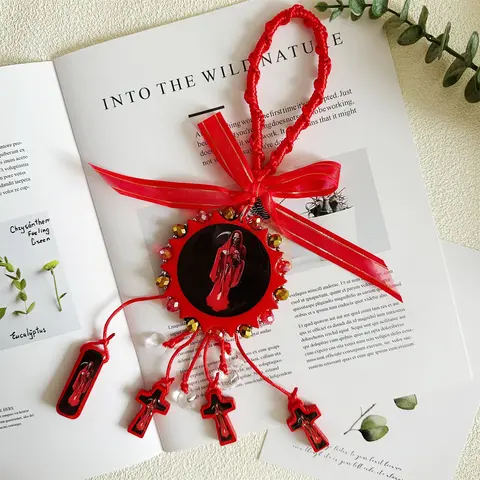 Wooden Cross Pendant Easter Gift Catholic Wooden Holy Death's Pendant San Miguel archangel bendicion Protection Blessing Charm