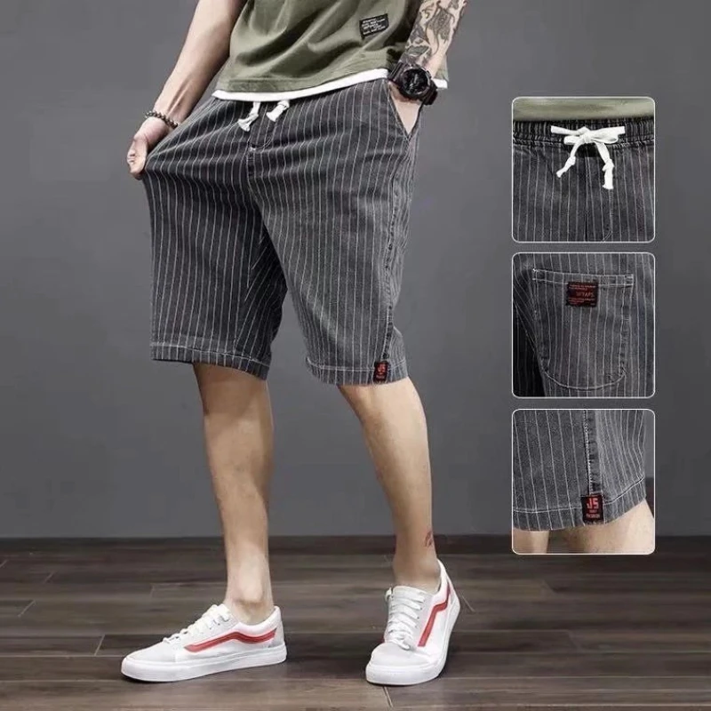 

Summer Thin Five-point Pants Loose Waist Denim Shorts Men's Trendy Vertical Stripes Casual High Stretch Pants