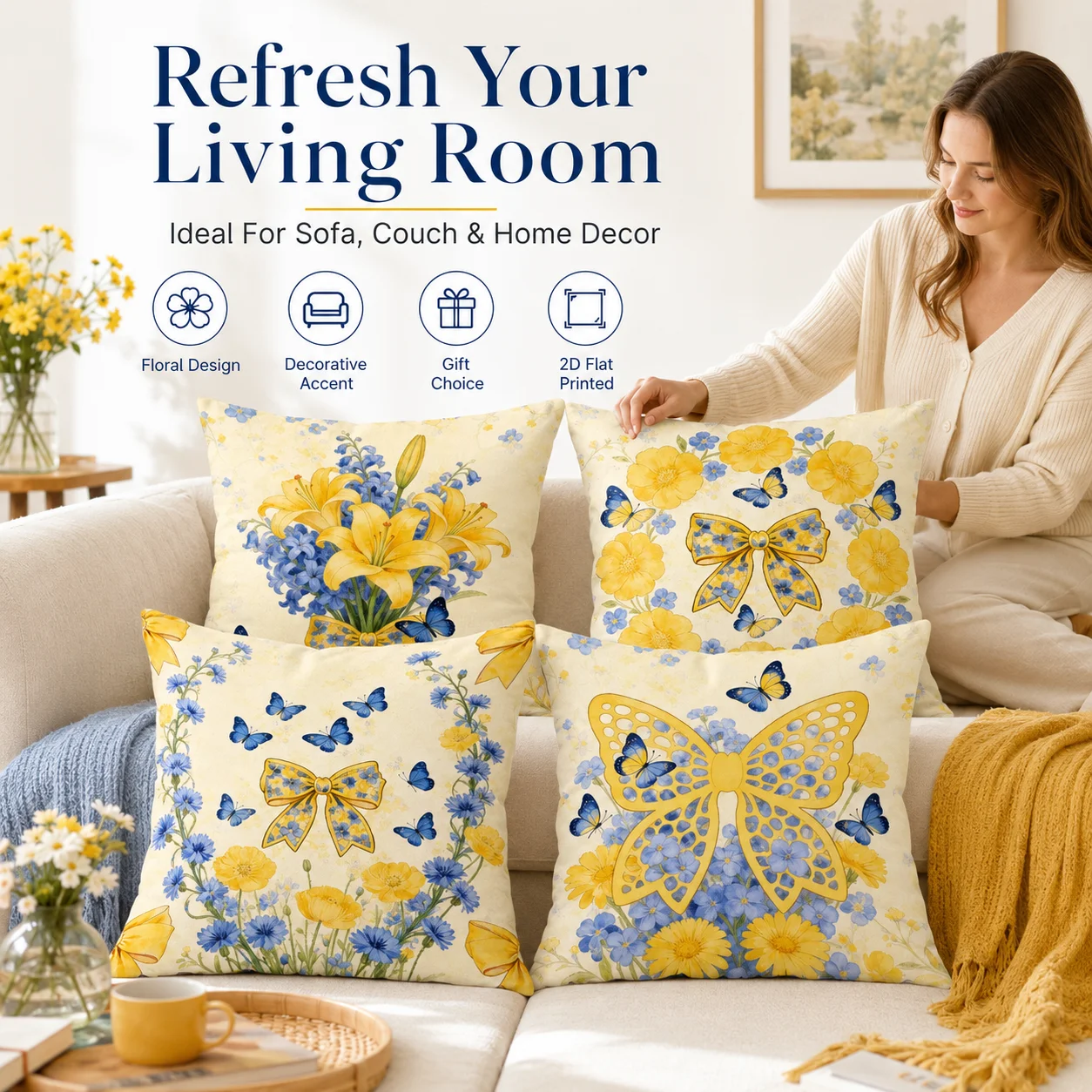 4Pcs 2D Flat Printed Peach Skin Cushion Covers Yellow Blue Floral Coussin Butterfly Lily Sofa Spring Room Decor