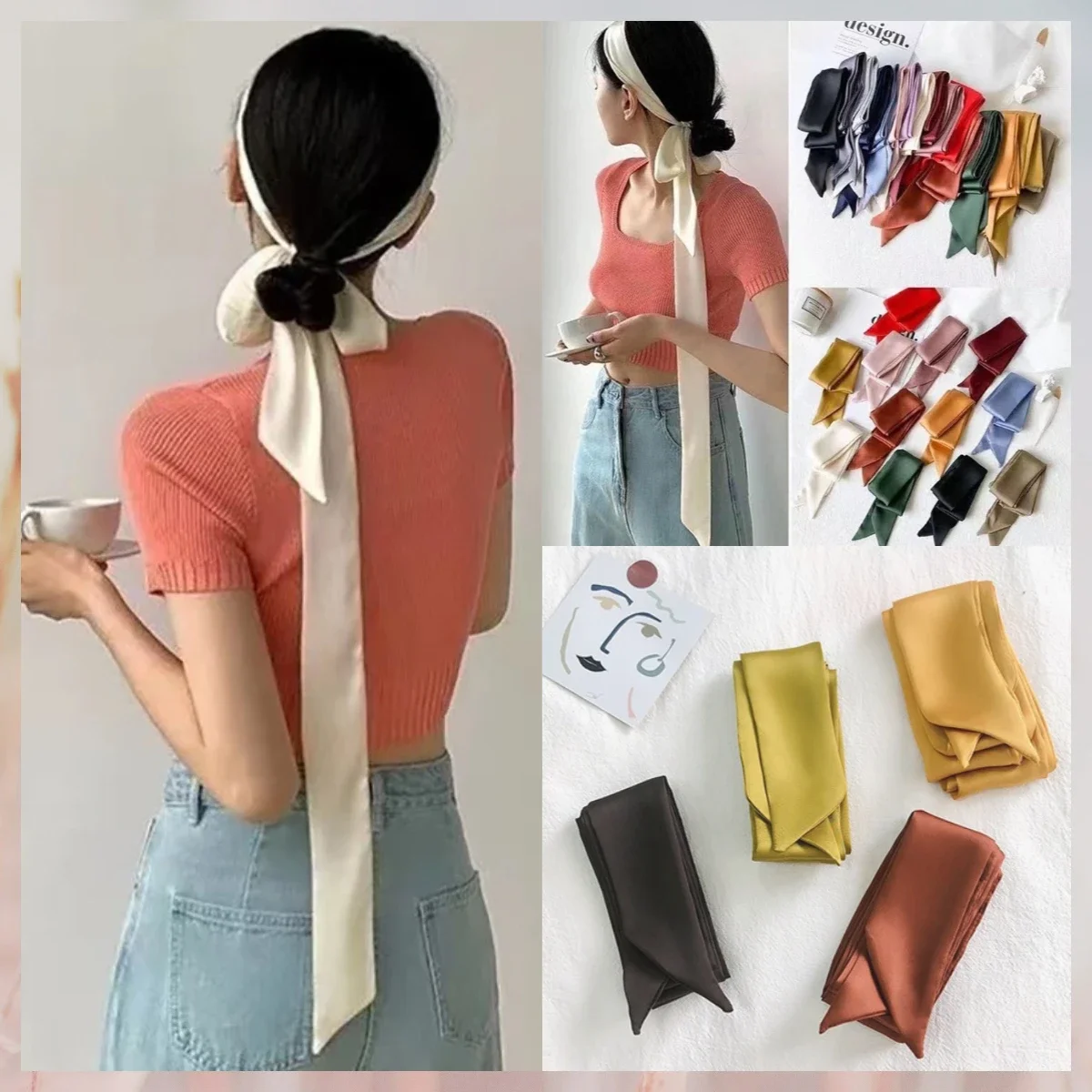 

Узкий шарф из атласа и шелка — ультратонкая однотонная лента для шеи, волос, сумки или DIY; Длинный шейный платок и повязка на голову в одном