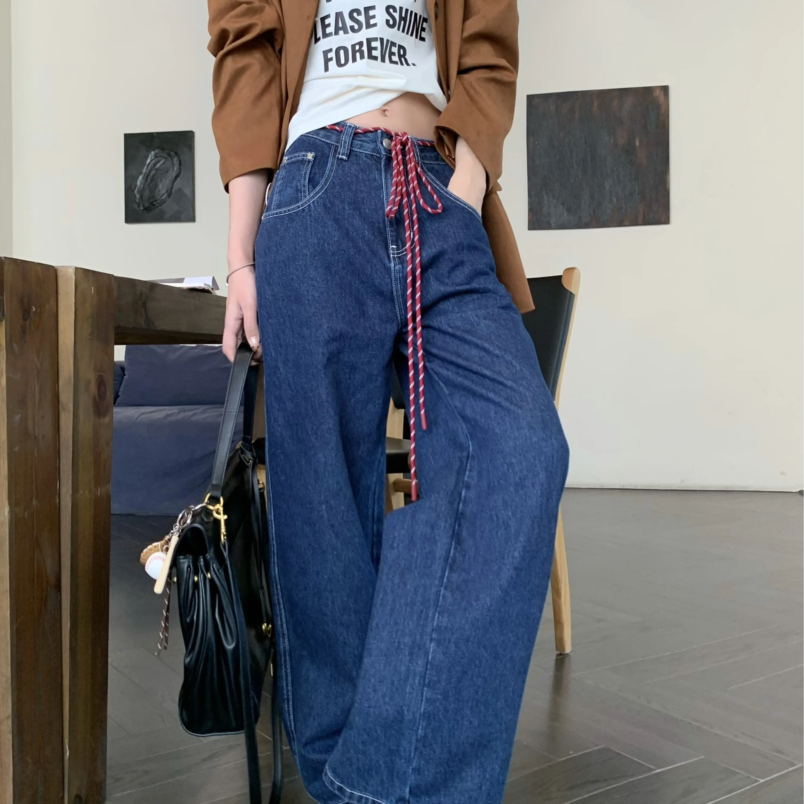 

Корейские широкие джинсы из денима для женщин, свободные прямые повседневные брюки на весну, новые, с завязками, в стиле колор-блок, дышащие