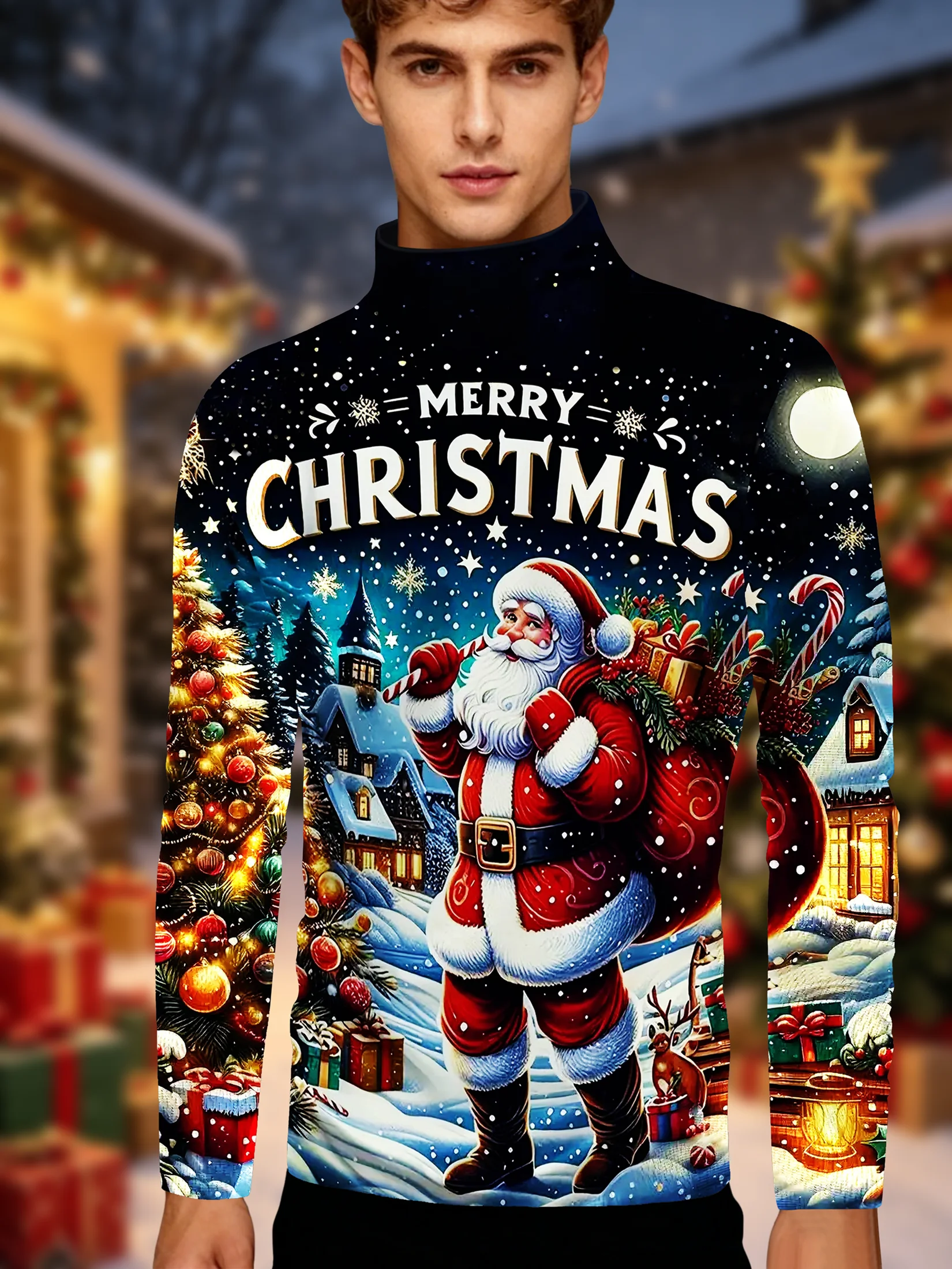 Christmas Snow Scene Santa Claus Printed Men's Half High Collar Long Sleeve T Snowflake Candy Stick Holiday Casual Top