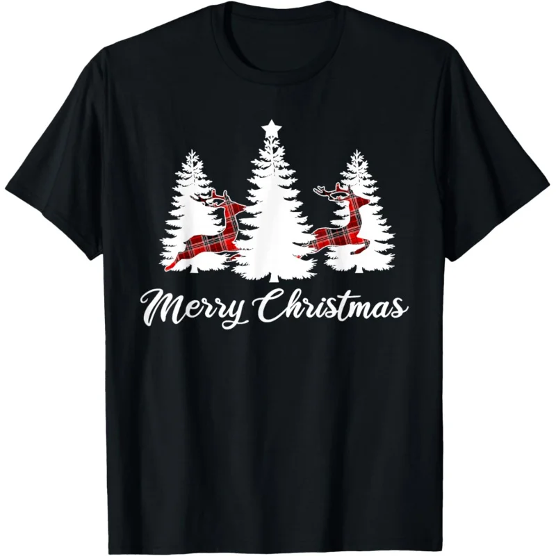 

Merry Christmas Shirt for Women Buffalo Plaid Reindeer Tree T-Shirt