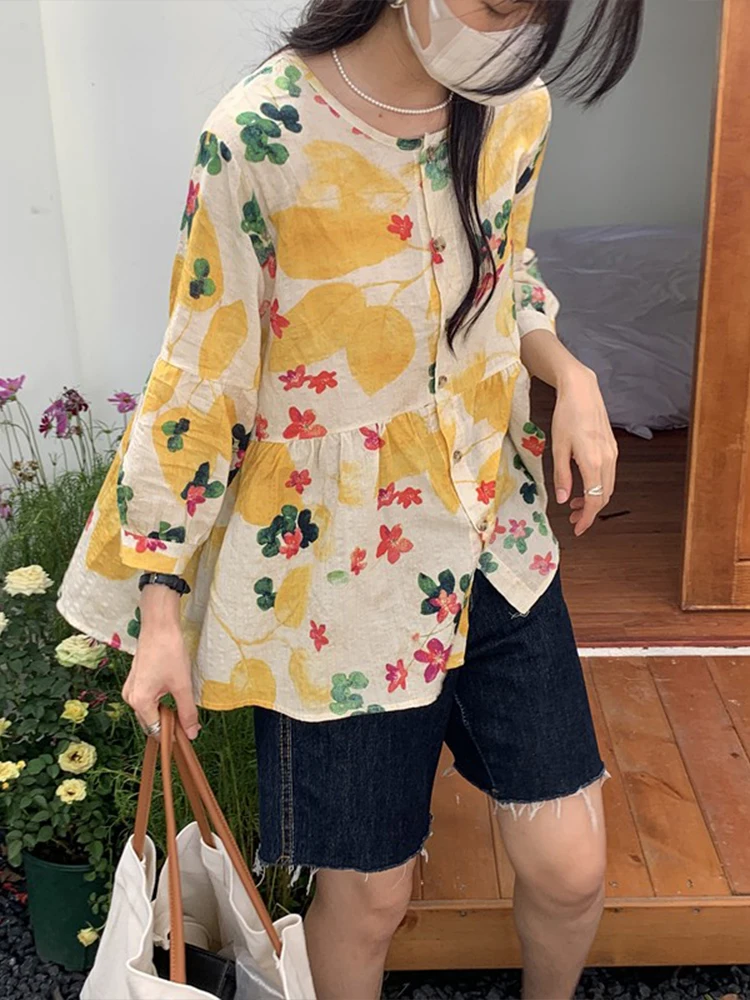 Floral Print Chiffon Shirt Women's Short Sleeve Summer High End Flax Puffy Doll Top Belly Covering Korean Style round Neck Bu...