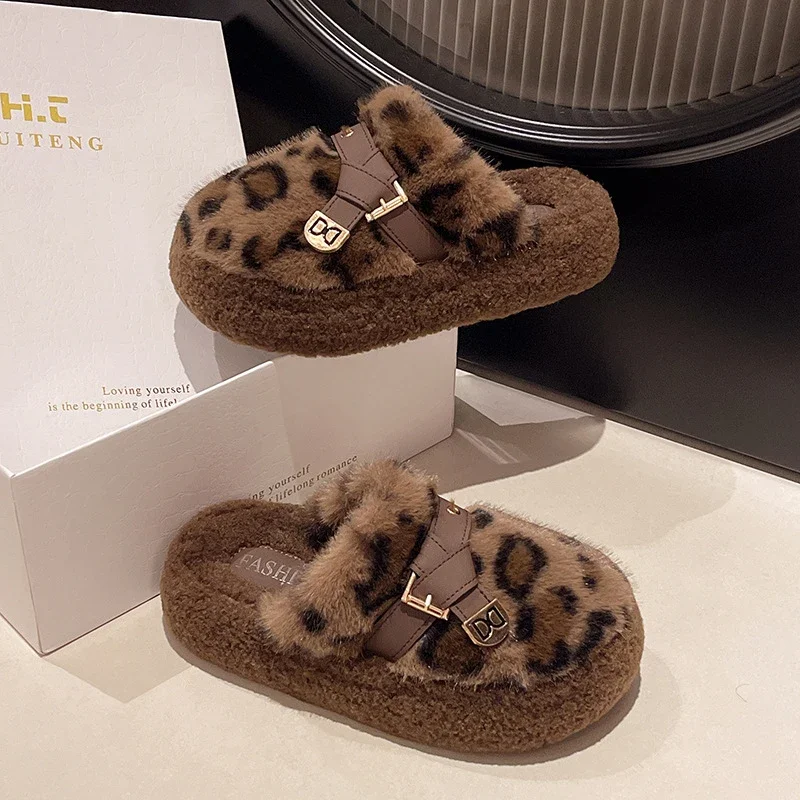 Fashion leopard Fur Slippers For Women 2024 Winter Indoor and outdoor Fluffy slippers Belt buckle Design Women's Home Shoes