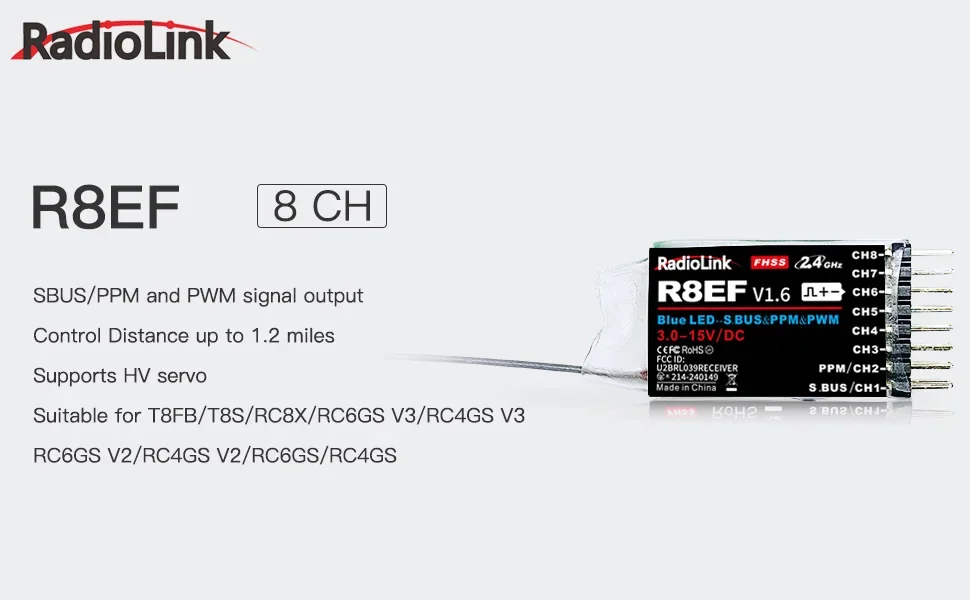 Radiolink R8EF Receiver 2.4G 8 Channel Support SBUS PPM PWM 8CH for RC Car Boat Plane T8FB T8S RC3S RC4G RC4GS RC6G Transmitter