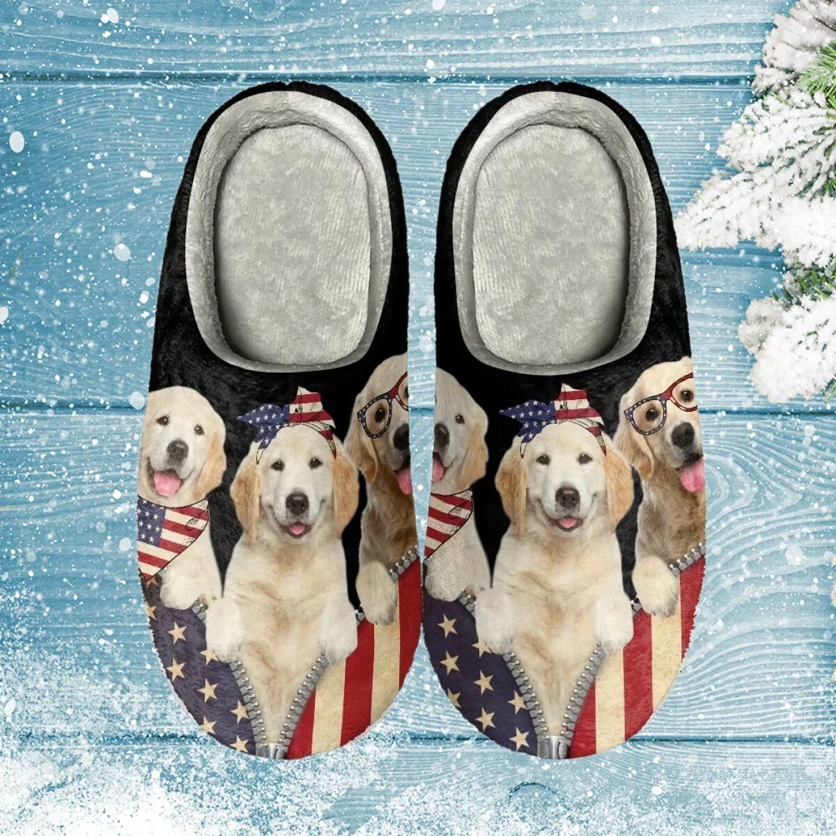 American Flag Golden Retriever Print Slip-on Slides for Women Men Comfortable Warm Cotton Slippers Winter Autum Flat