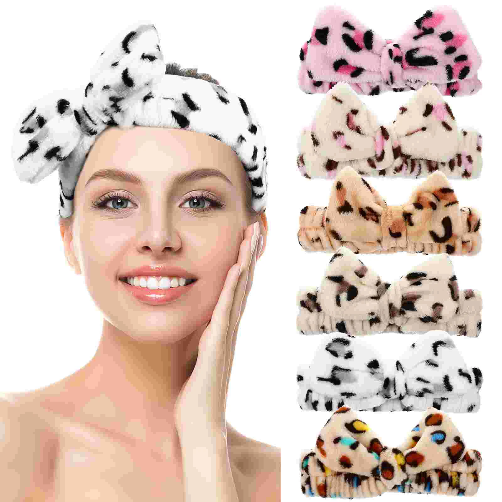 6 Pcs Leopard Headband Bowknot Hair Accessories Plush Cute Headbands for Women Skin Care