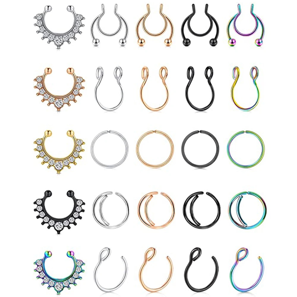 WKOUD Faux Septum Piercing Fake Septum Nose Hoop Rings Stainless Steel Lip Ear Nose Face Ring Non Clip On Moon Nose Rings Hoops