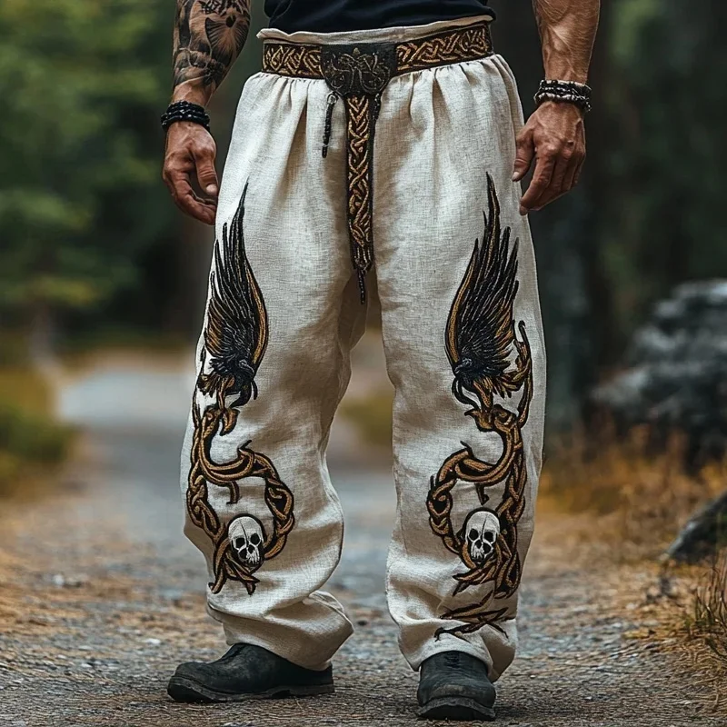 

Men's retro Viking Celtic Crow Skull 3D printed casual pants drawstring straight leg pants summer beach pants