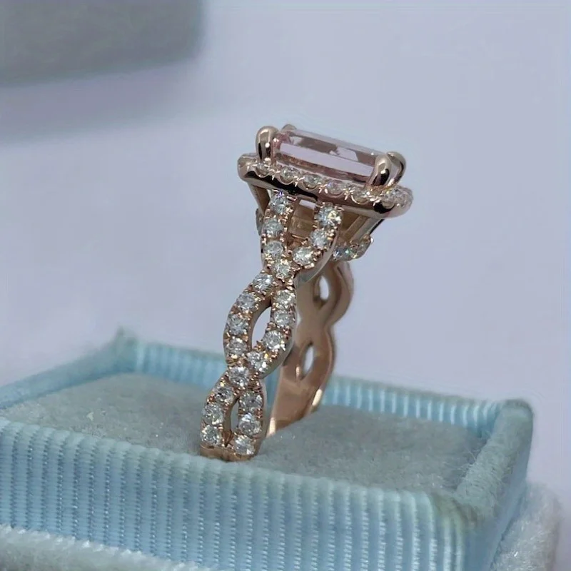 Luxury Copper Material Inlaid Pink Synthetic Zircon Ring Engagement Rose Gold Wedding Ring For Women Elegant Jewelry