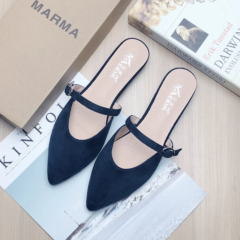 Women Sandals Black Pointed Shoes Women Flats Casual Shoes Sandalias De Mujer Large Size 42 43 33 34 Flat Shoes No Back Slippers