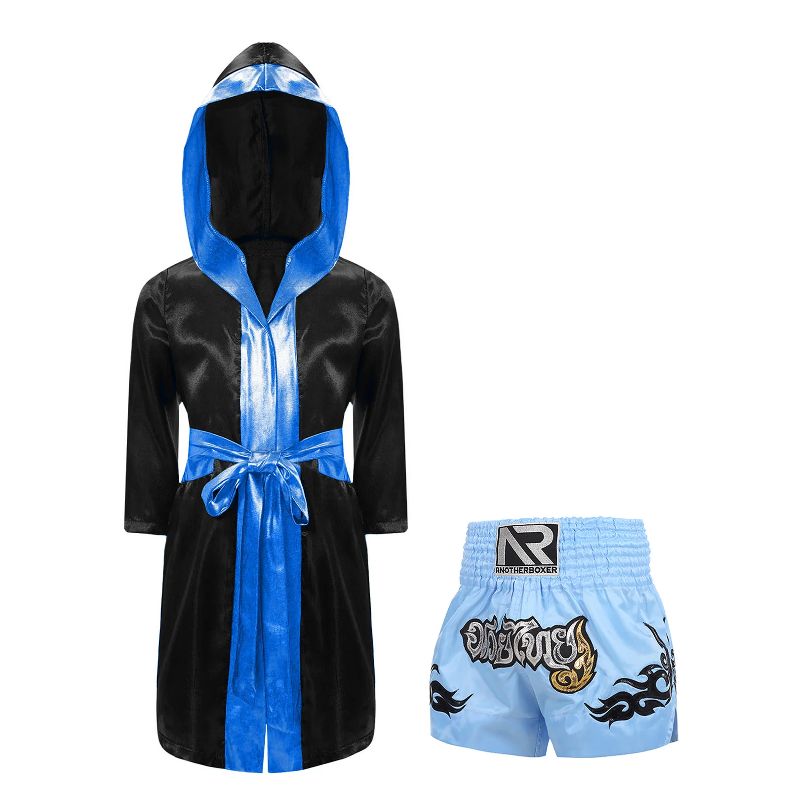 Kids Boys Boxing Robes Muay Thai Clothes Bjj Outfit Metallic Trim Satin Belted Hooded Cloak with Shorts Martial Arts Sanda Tops