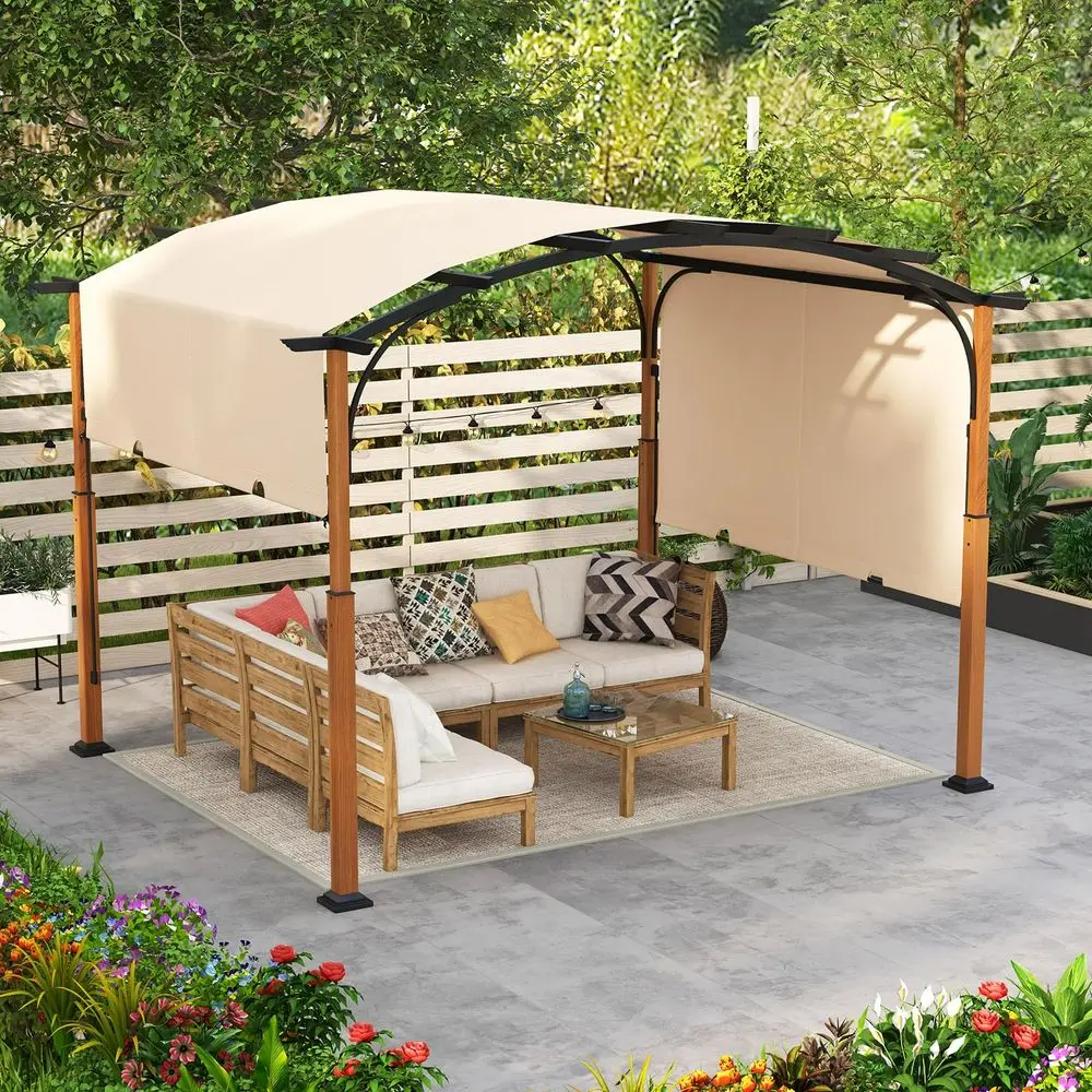 Arched Patio Shelter Pavilion with Retractable Sun Shade Canopy, Extra Large Outdoor Pergola for Deck, Porch, Garden, Yard Beige