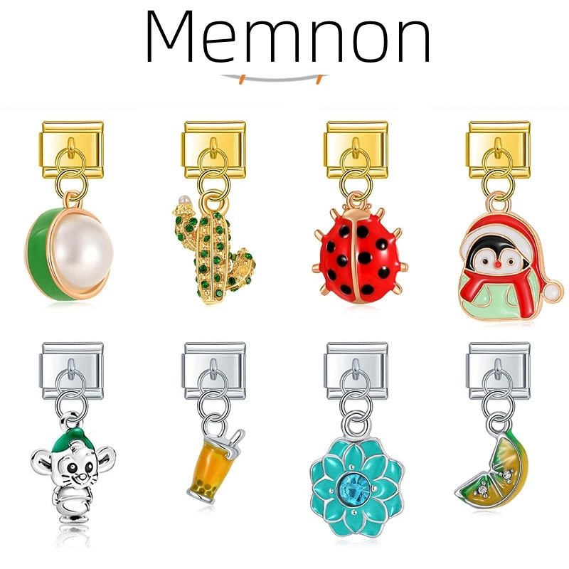 Memnon 2023 New Daisy Flower Eye Mouse Rainbow Ladybug Charm Links Fit 9mm Bracelet Stainless Steel Jewelry DIY Making DJ606