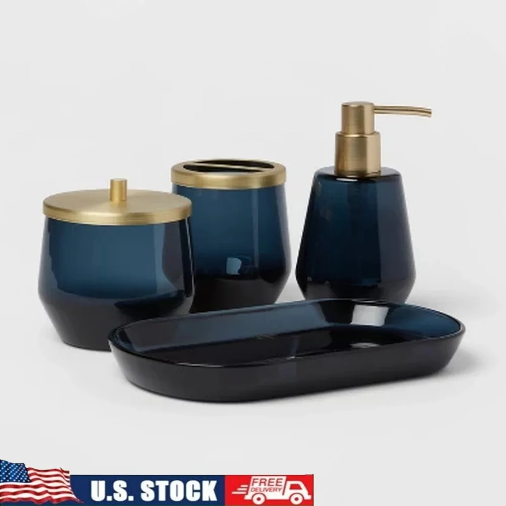 

4pc Glass Bath Coordinates Set with Soap Dispenser Toothbrush Holder Canister Tray Frosted Finish Gold-tone Accents Modern Decor