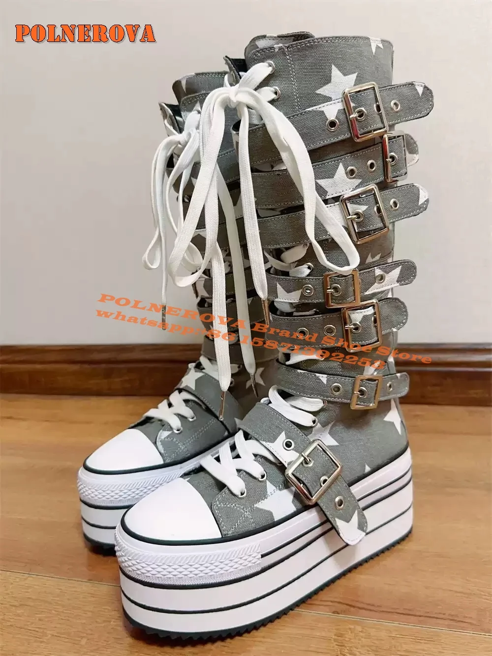 

Platform Cross Tied Belt Buckle Canvas Boots Round Toe Height Increasing Print Star Subculture Style Knee High Boots 2024 Trend