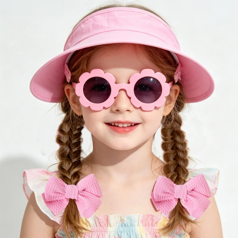 4Pcs/Cute Kids Sunglasses Visor Hat Set Flower Sunglasses with Bow Hair Clips Sun Visor Cap for Girls Summer Outdoor Accessory