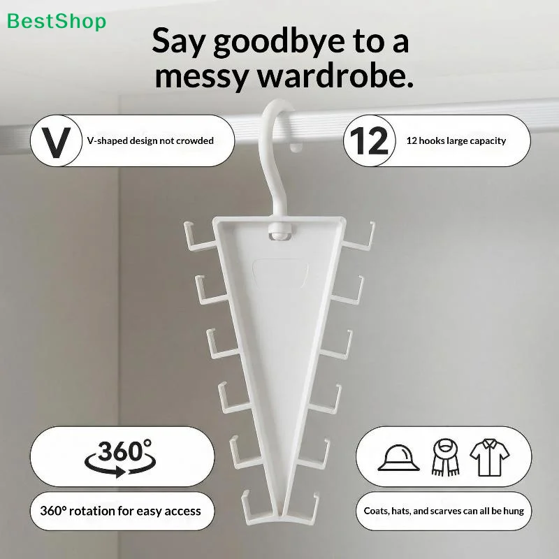 Double Sided 12 Hooks Storage Rack V Shaped Baseball Cap Holder Belt Hat Scarf Organizer Hooks Wardrobe Space Saving Rack