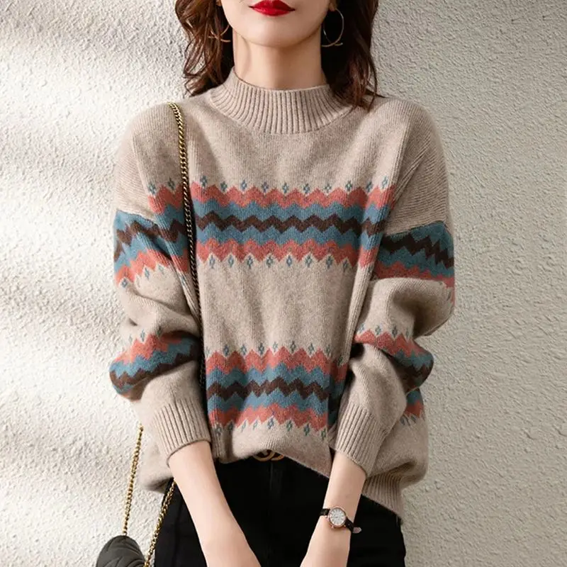 Korean Autumn/Winter Sweaters Women\'s Mock Neck Color Striped Patchwork Fashion Casual Loose Long Sleeve Pullovers Knitted Tops