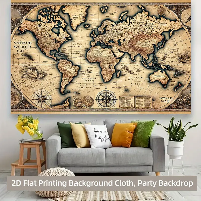 Vintage World Map Tapestry, Antique Navigation Chart with Compass and Mountains, Retro Wall Art for Study Room and Office Decor