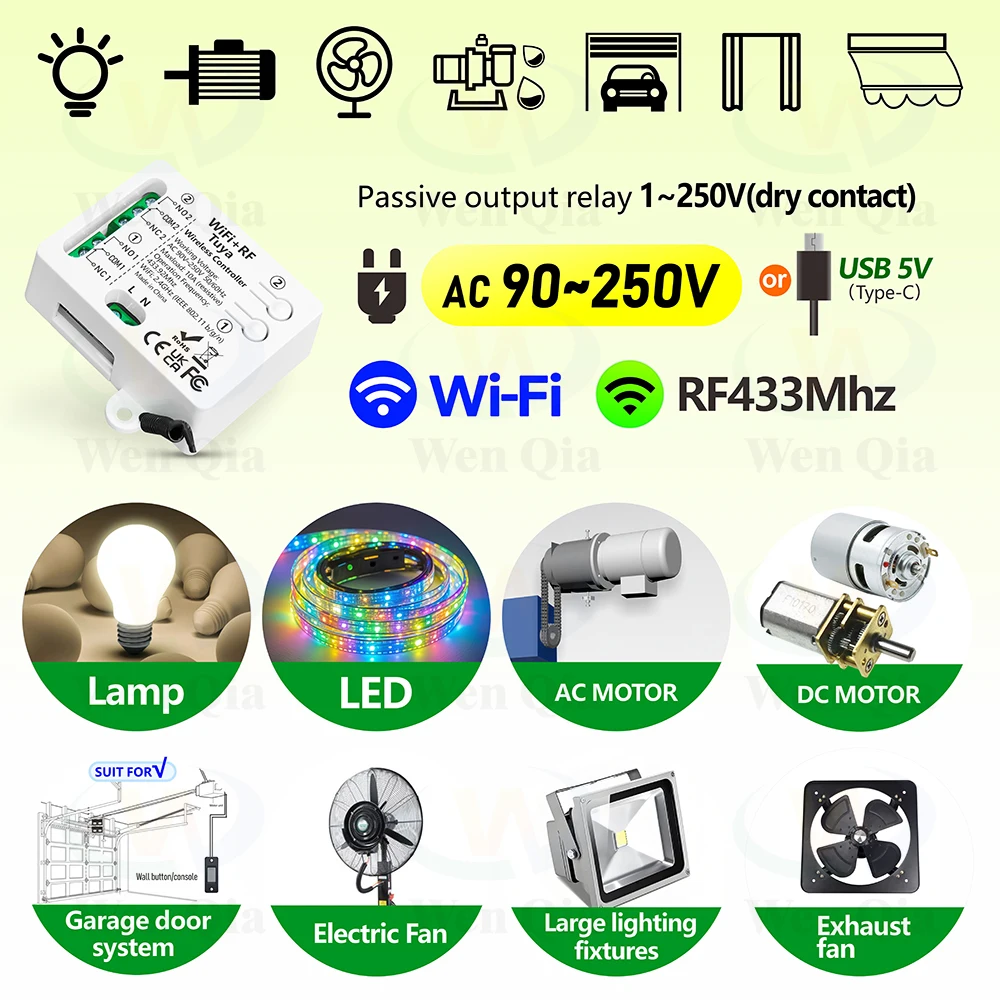 Tuya WiFi RF สมาร์ทมอเตอร์สวิทช์สวิทช์ไฟ 110V 220V 230V 10A 2 ช่อง 1000m Alexa Google Home, สําหรับโคมไฟมอเตอร์พัดลม